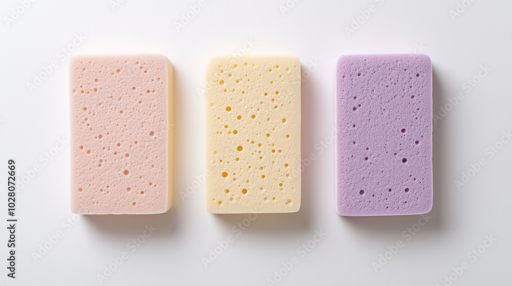 front, horizontal view, the image depicts three kitchen sponges placed equally spaced in the center of a white background front, horizontal view, the image depicts three kitchen sponges placed equally spaced in the center of a white background