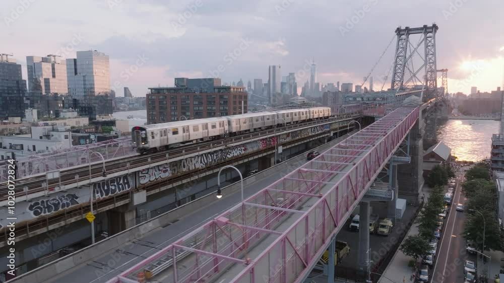 Aerial view of the subway crossing The Williamsburg Bridge Aerial view of the subway crossing The Williamsburg Bridge