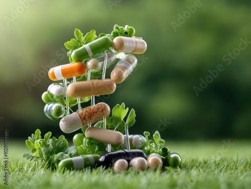 Capsules arranged like DNA on greenery