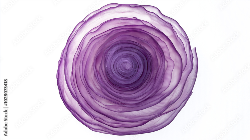 the image is a close-up, top-down view of a single thinly slice of purple onion the image is a close-up, top-down view of a single thinly slice of purple onion