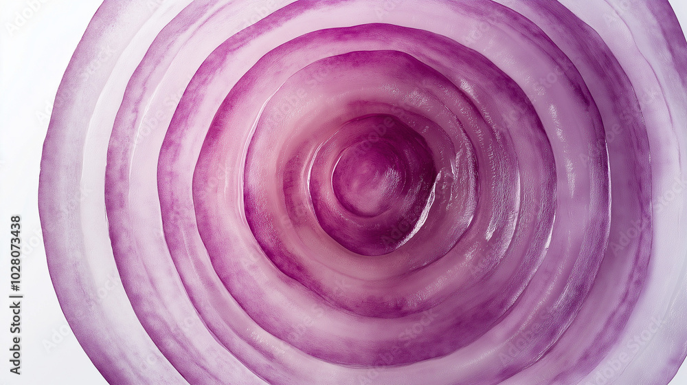 the image is a close-up, top-down view of a single slice of purple onion the image is a close-up, top-down view of a single slice of purple onion