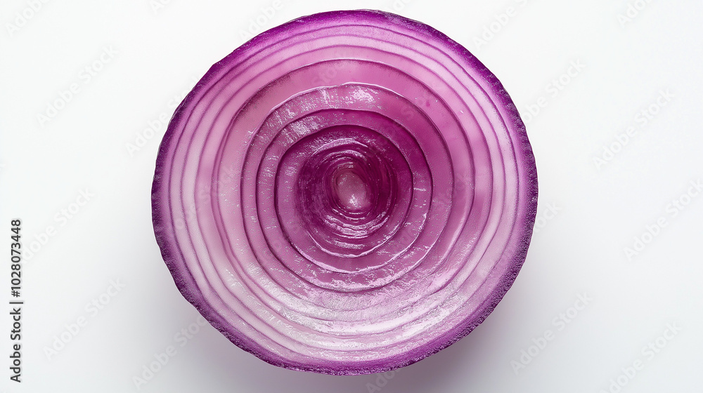the image is a close-up, top-down view of a single thinly slice of purple onion the image is a close-up, top-down view of a single thinly slice of purple onion