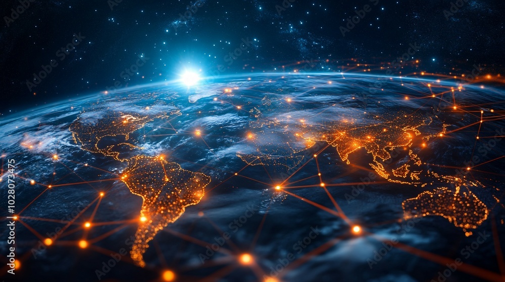 Obraz premium Earth Illuminated by City Lights and Connected by Intertwined Lines