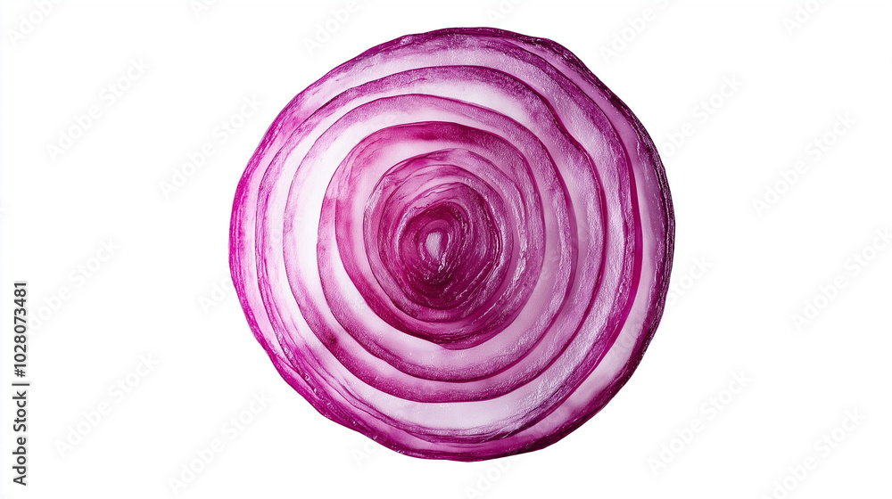 the image is a close-up, top-down view of a single thinly slice of purple onion the image is a close-up, top-down view of a single thinly slice of purple onion