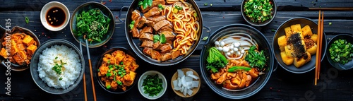 Aerial view of shabu-shabu pot with swirling broth, chopsticks poised to dip meat, photo