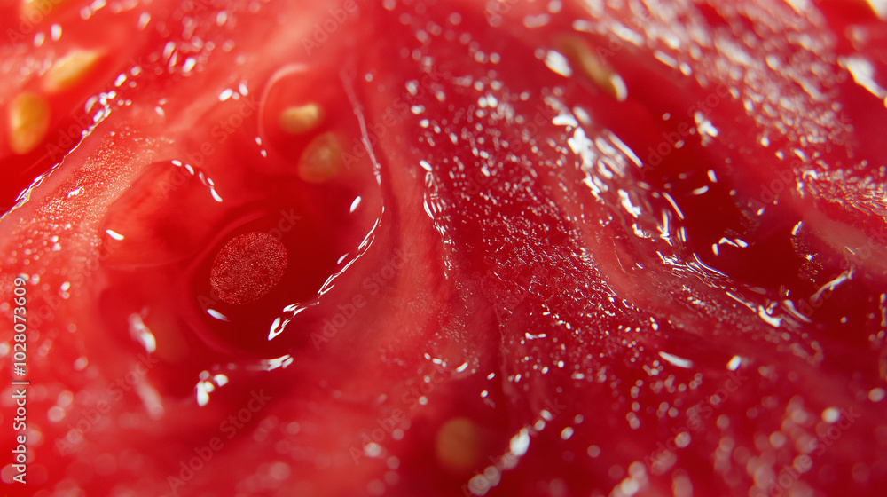tomato slice : a close-up, full-screen view of a single slice of ripe tomato, with the juicy red flesh and tiny seeds filling the screen tomato slice : a close-up, full-screen view of a single slice of ripe tomato, with the juicy red flesh and tiny seeds filling the screen