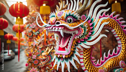 Wallpaper Mural Vibrant Traditional Chinese Dragon with Intricate Details and Festive Lanterns Torontodigital.ca