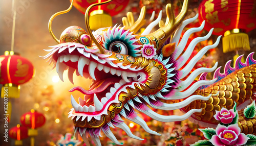 Wallpaper Mural Vibrant Traditional Chinese Dragon with Intricate Details and Festive Lanterns Torontodigital.ca