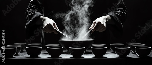 Minimalistic shabu-shabu meal, monochrome color palette, steam rising artistically from the broth, perfect food symmetry on the table