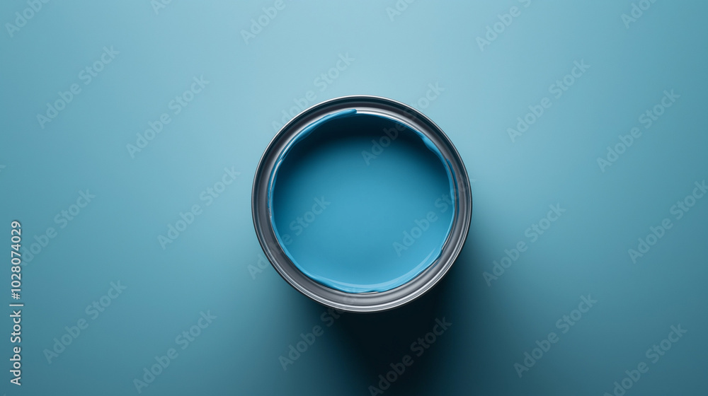 top down view, the image depicts an opened paint can filled dusty blue paint placed in the center of a dusty blue background top down view, the image depicts an opened paint can filled dusty blue paint placed in the center of a dusty blue background