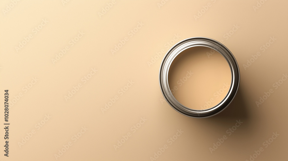 top down view, the image depicts an opened paint can filled beige paint placed in the center of a beige background top down view, the image depicts an opened paint can filled beige paint placed in the center of a beige background
