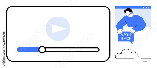 Large video player with play button and progress bar, and a person holding a cash back sign. Ideal for video tutorials, online marketing, customer incentives, digital advertising, educational