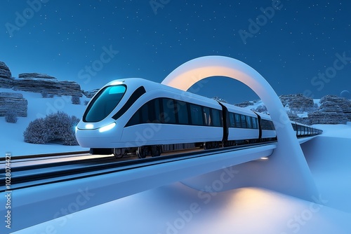 Minimalist design of a train crossing a bridge, with the arch of the bridge and the simple shapes of the train, creating a clean and modern representation of rail infrastructure photo