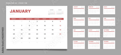 Set of 12 Pages Monthly Calendar Planner Templates on 2025 year. Vector mockup of a wall or desktop calendar with the week start on Monday for print. Pages size A4 -21x29.7cm