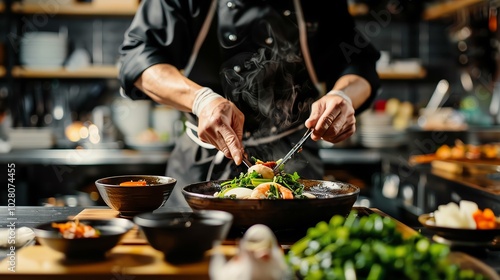 Traditional Japanese shabu-shabu in a rustic kitchen, clay pot simmering on the table,