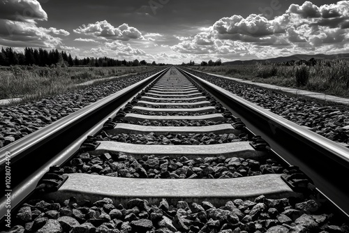 Minimalist illustration of railroad tracks, with only the essential lines showing the rails and ties, creating a sense of endless journey and possibility photo