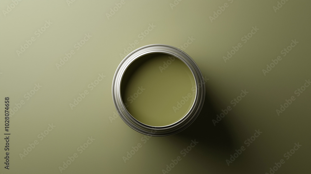 top down view, the image depicts an opened paint can filled muted olive paint placed in the center of a muted olive background top down view, the image depicts an opened paint can filled muted olive paint placed in the center of a muted olive background
