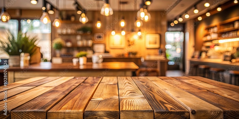 Warm Light Bathes a Rustic Wooden Table, Ideal for Displaying Products in a Cozy Cafe Atmosphere Warm Light Bathes a Rustic Wooden Table, Ideal for Displaying Products in a Cozy Cafe Atmosphere