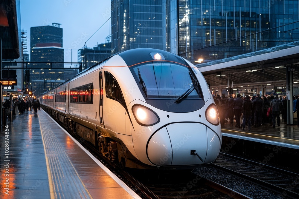 Fototapeta premium Passenger train arriving at a bustling city station, with the train's sleek cars glistening in the evening light as commuters board for their journey home