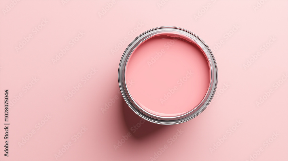 top down view, the image depicts an opened paint can filled milky pink paint placed on a milky pink background top down view, the image depicts an opened paint can filled milky pink paint placed on a milky pink background