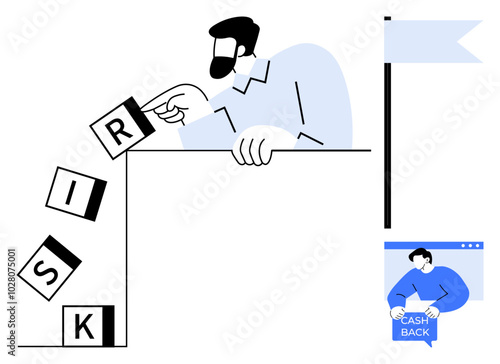 A person preventing risk blocks from falling off a surface. A flag in the background and cash back incentive illustration. Ideal for finance, motivation, risk management, decision making, business