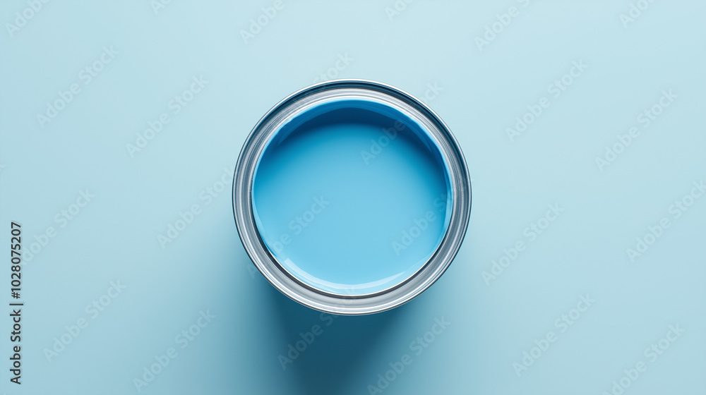 top down view, the image depicts an opened paint can filled dusty blue paint placed in the center of a dusty blue background top down view, the image depicts an opened paint can filled dusty blue paint placed in the center of a dusty blue background