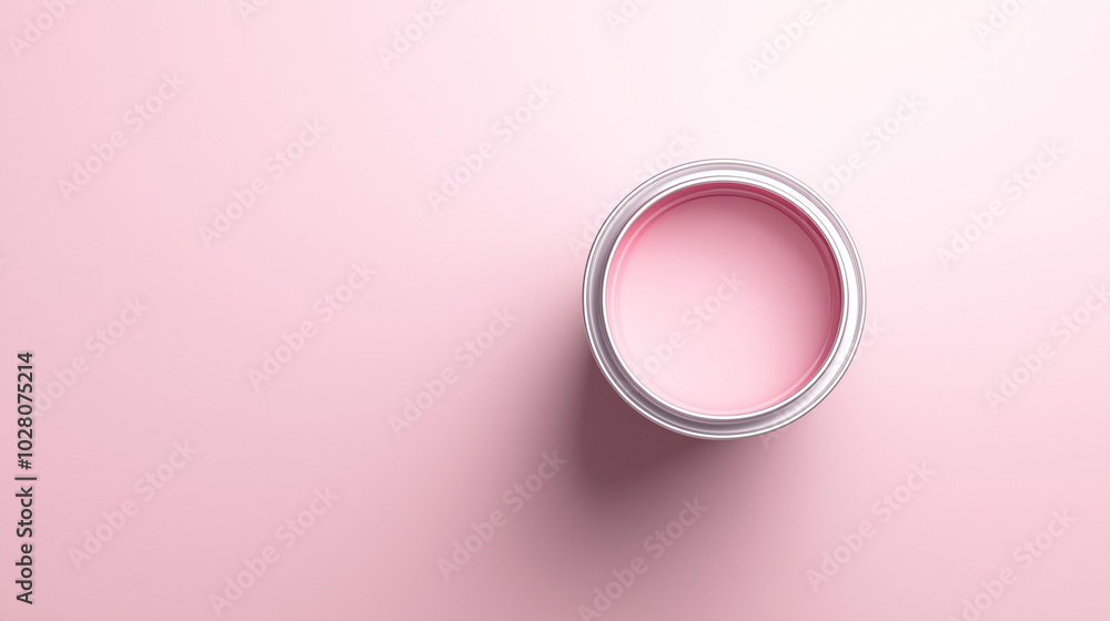 top down view, the image depicts an opened paint can filled soft pink paint placed in the center of a soft pink background top down view, the image depicts an opened paint can filled soft pink paint placed in the center of a soft pink background