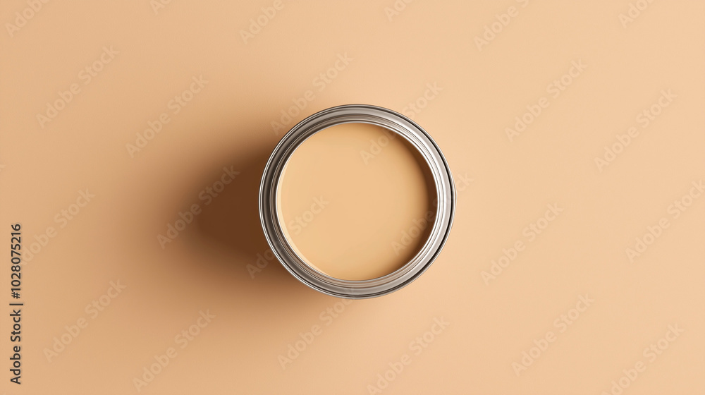 top down view, the image depicts an opened paint can filled dusty beige paint placed in the center of a dusty beige background top down view, the image depicts an opened paint can filled dusty beige paint placed in the center of a dusty beige background