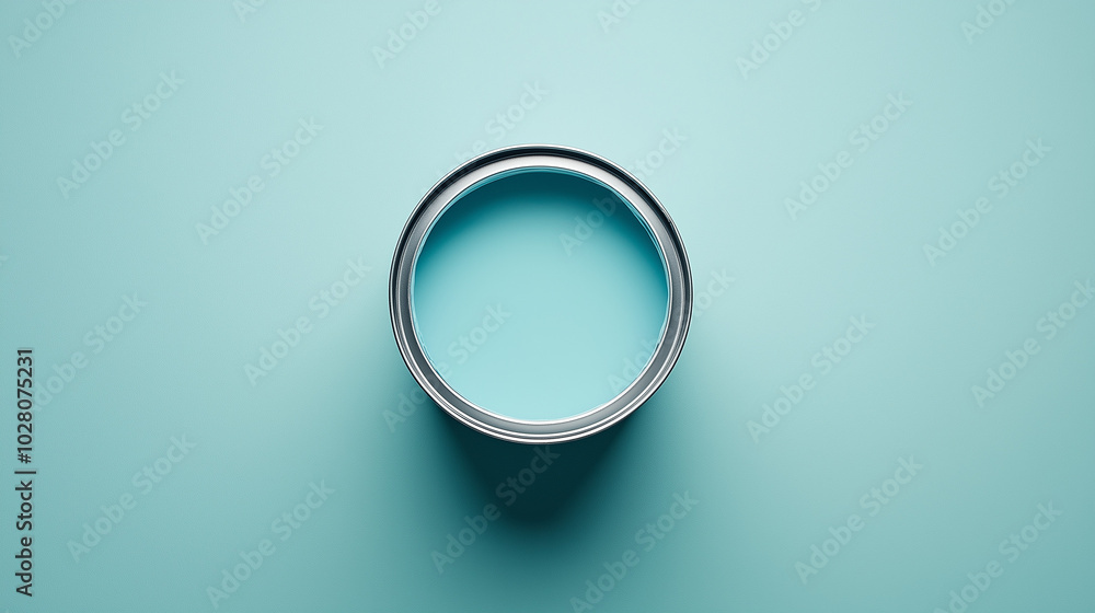 top down view, the image depicts an opened paint can filled dusty aqua paint placed in the center of a dusty aqua background top down view, the image depicts an opened paint can filled dusty aqua paint placed in the center of a dusty aqua background