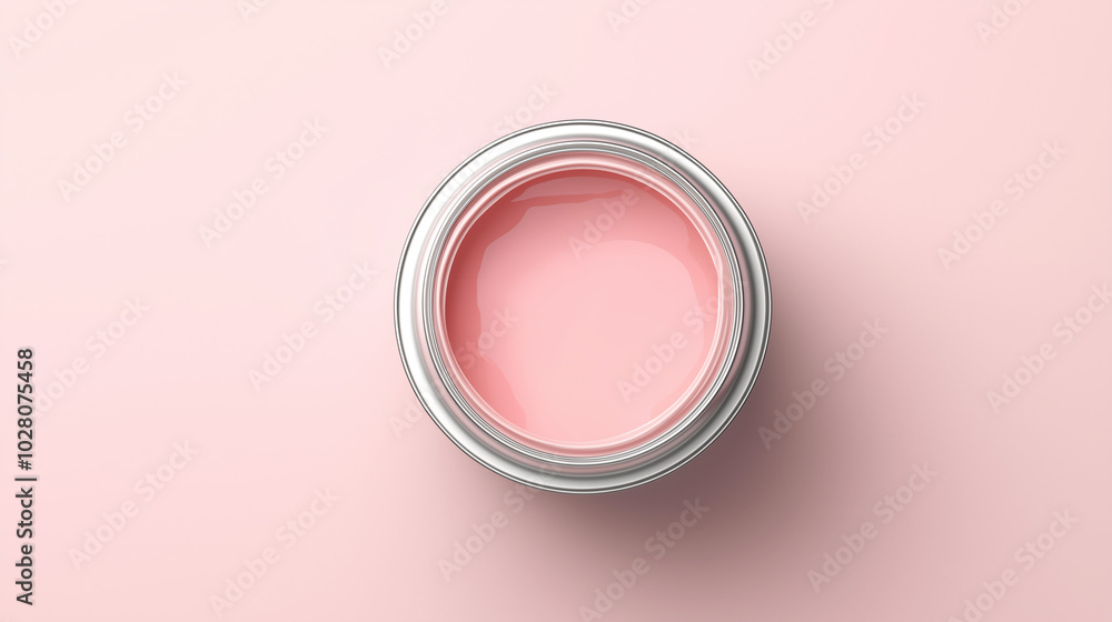top down view, the image depicts an opened paint can filled milky pink paint placed on a milky pink background top down view, the image depicts an opened paint can filled milky pink paint placed on a milky pink background