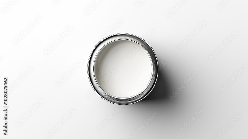 top down view, the image depicts an opened paint can filled soft white paint placed in the center of a soft white background top down view, the image depicts an opened paint can filled soft white paint placed in the center of a soft white background