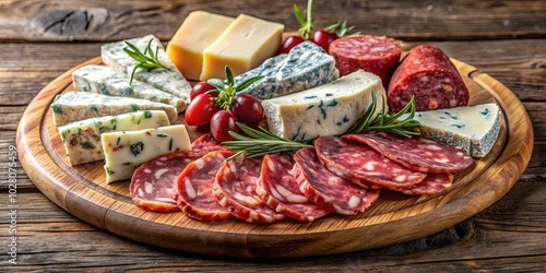 A Rustic Charcuterie Board Featuring Slices of Salami and Assortment of Cheeses, Garnished with Fresh Rosemary Sprigs and Red Berries