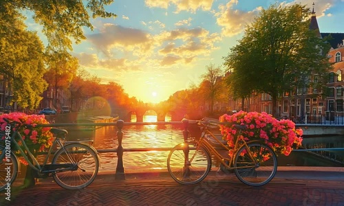 Wallpaper Mural Sunset over Amsterdam Canal with Bikes Torontodigital.ca