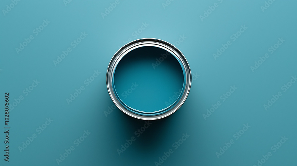 top down view, the image depicts an opened paint can filled steel blue paint placed in the center of a steel blue background top down view, the image depicts an opened paint can filled steel blue paint placed in the center of a steel blue background