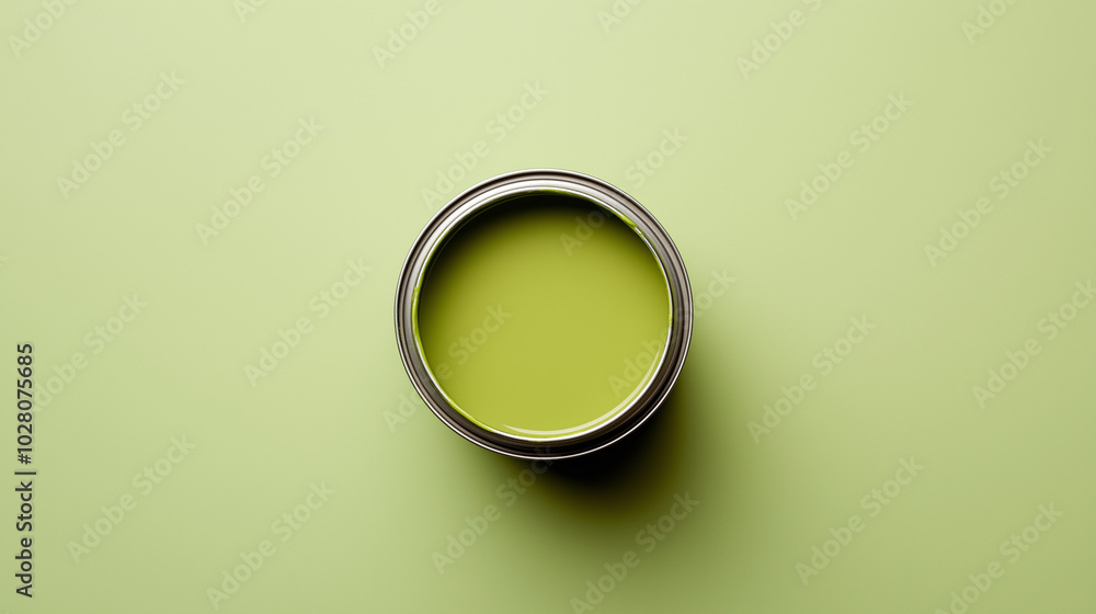 top down view, the image depicts an opened paint can filled muted olive green paint placed in the center of a muted olive green background top down view, the image depicts an opened paint can filled muted olive green paint placed in the center of a muted olive green background
