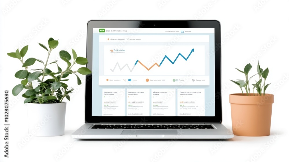 Laptop displaying growth chart, surrounded by decorative plants, on white background. Laptop displaying growth chart, surrounded by decorative plants, on white background.