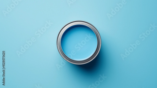 top down view, the image depicts an opened paint can filled dusty blue paint placed in the center of a dusty blue background