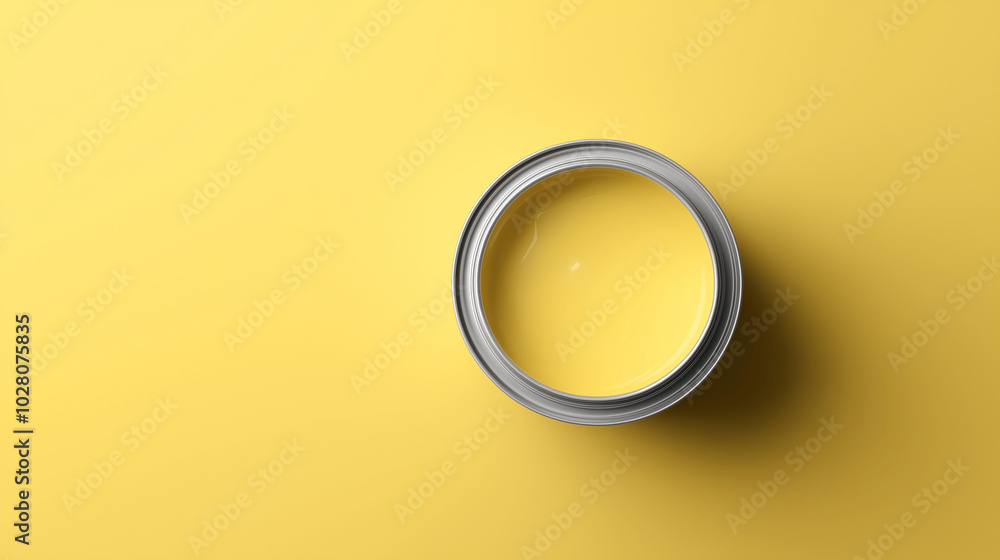 top down view, the image depicts an opened paint can filled muted lemon paint placed in the center of a muted lemon background top down view, the image depicts an opened paint can filled muted lemon paint placed in the center of a muted lemon background