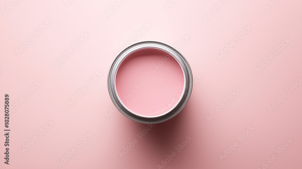 top down view, the image depicts an opened paint can filled soft rose paint placed in the center of a soft rose background top down view, the image depicts an opened paint can filled soft rose paint placed in the center of a soft rose background