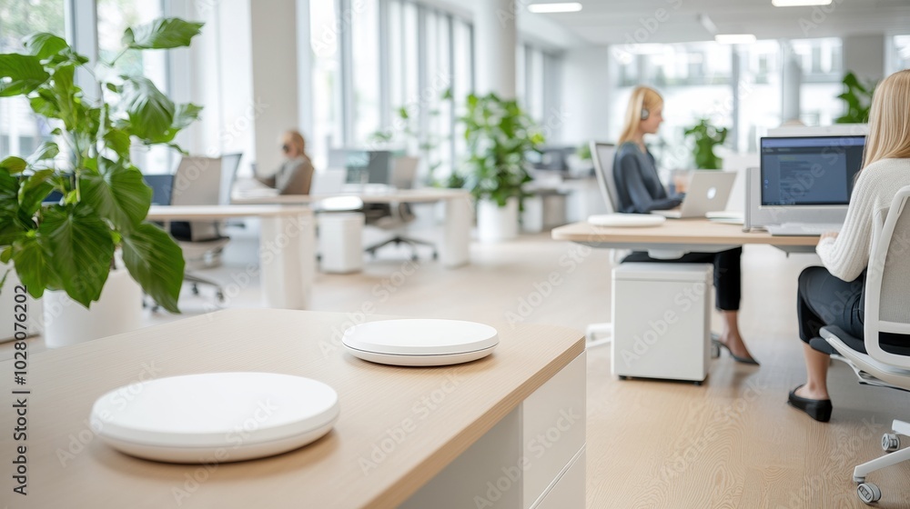 Modern office interior with plants and people working on computers. Modern office interior with plants and people working on computers.