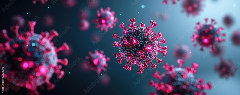 3D illustration of virus particles floating in space, colorful and detailed image.