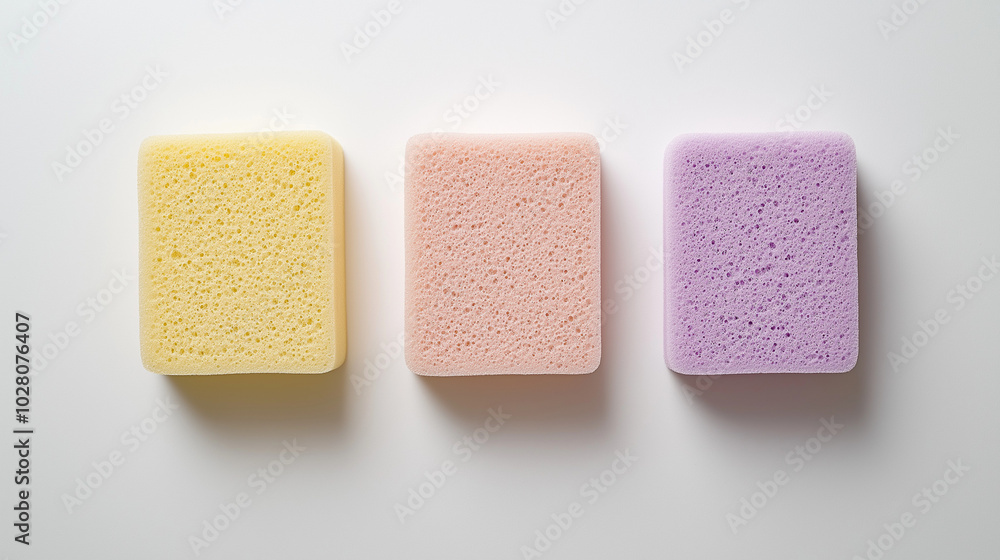 top down view, the image depicts three kitchen sponges placed equally spaced in the center of a white background top down view, the image depicts three kitchen sponges placed equally spaced in the center of a white background