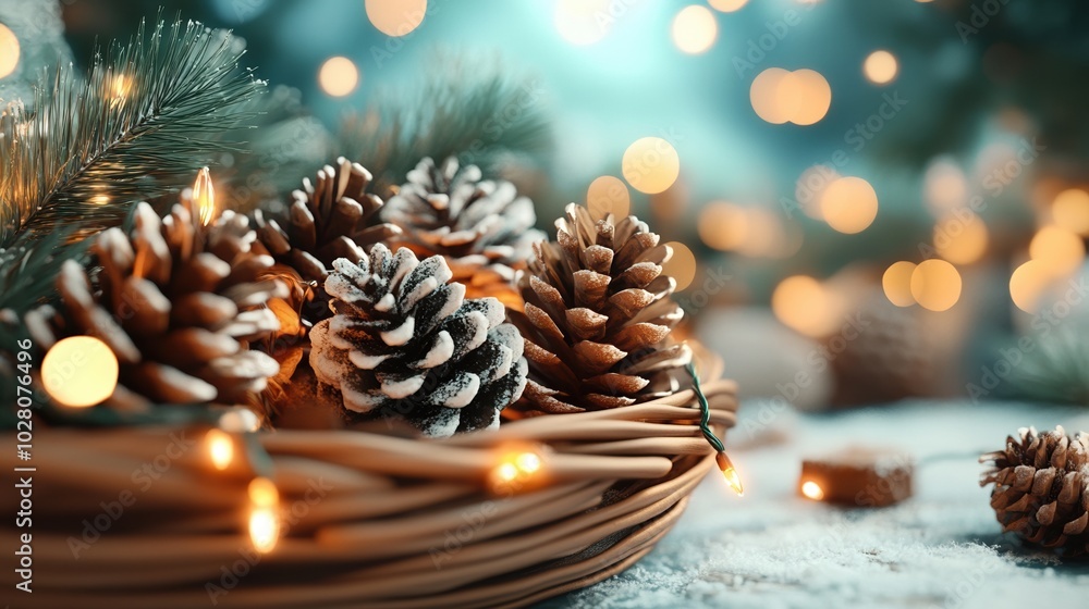 Pine cones and lights in a cozy decorative setting, ideal for winter themes. Pine cones and lights in a cozy decorative setting, ideal for winter themes.