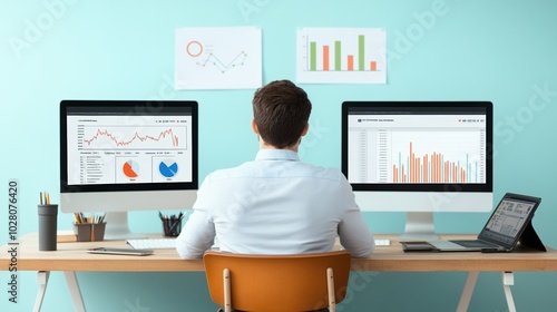 Person analyzing data on dual monitors in a modern office setting.