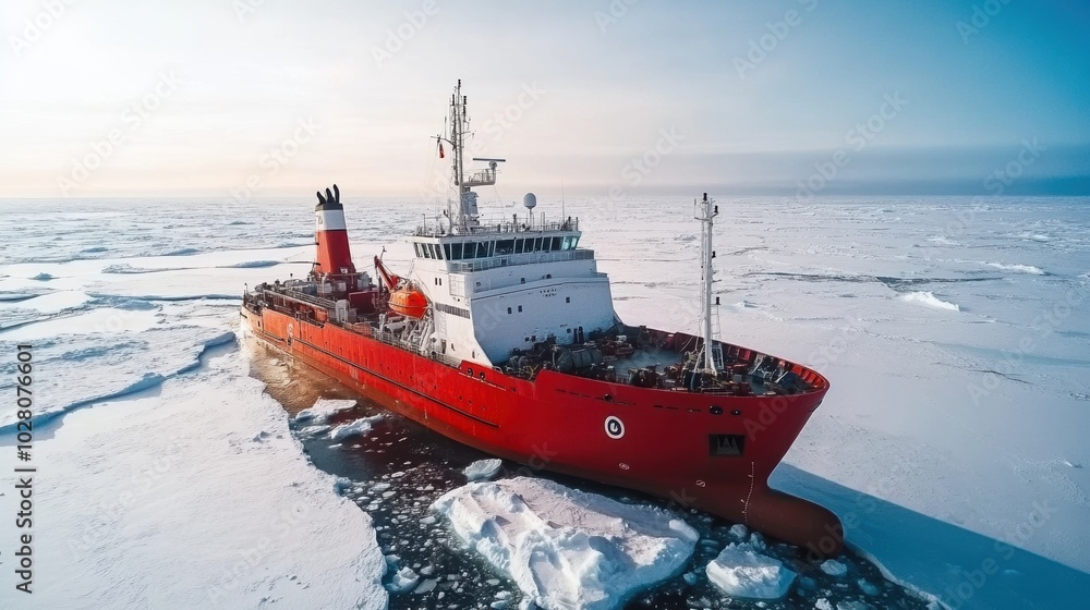 Red icebreaker ship navigating through frozen Arctic waters. Red icebreaker ship navigating through frozen Arctic waters.