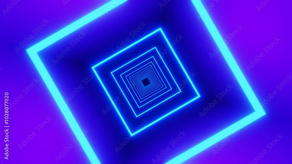 Flying through glowing rotating neon squares creating a tunnel, blue purple spectrum, fluorescent ultraviolet light, modern colorful lighting, 4k loop animation Flying through glowing rotating neon squares creating a tunnel, blue purple spectrum, fluorescent ultraviolet light, modern colorful lighting, 4k loop animation