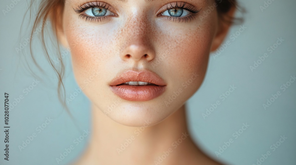 Close-up portrait of a young woman with freckles and blue eyes. Close-up portrait of a young woman with freckles and blue eyes.