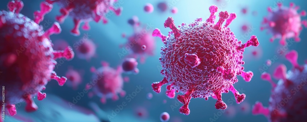Colorful virus illustration on a blue background, depicting microscopic structure. Colorful virus illustration on a blue background, depicting microscopic structure.