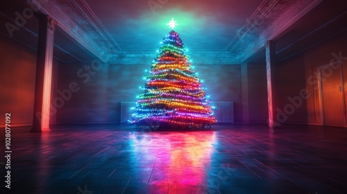 A Christmas tree adorned with programmable RGB lights, casting a bright, colorful glow that syncs with high-tech sound effects for a dynamic holiday display photo