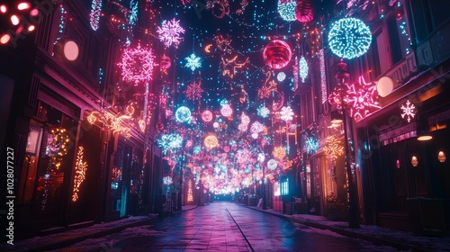 LED-lit canopy with holographic ornaments and glowing neon snowflakes, futuristic digital lighting, cyberpunk, steampunk fusion, vibrant colors, 3D rendering, holiday, tech innovation